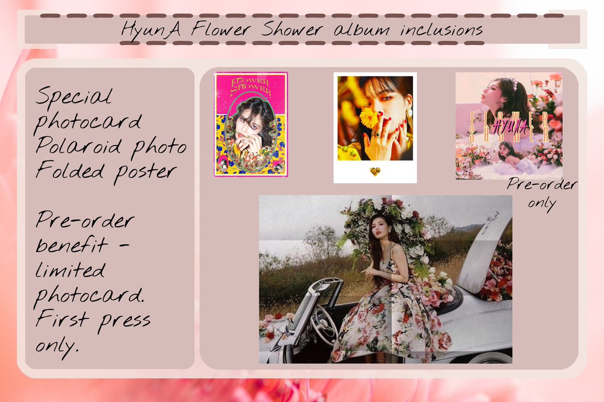 RosebudEnt_'s tweet photo. ════ •『 🌹』• ════

    Hyuna - Flower Shower
    Album Available Now

    Inclusions will be available 
    with every album purchase. 

    A special photo card will also 
  be available for every pre-order. https://t.co/IfeEdm0vHH