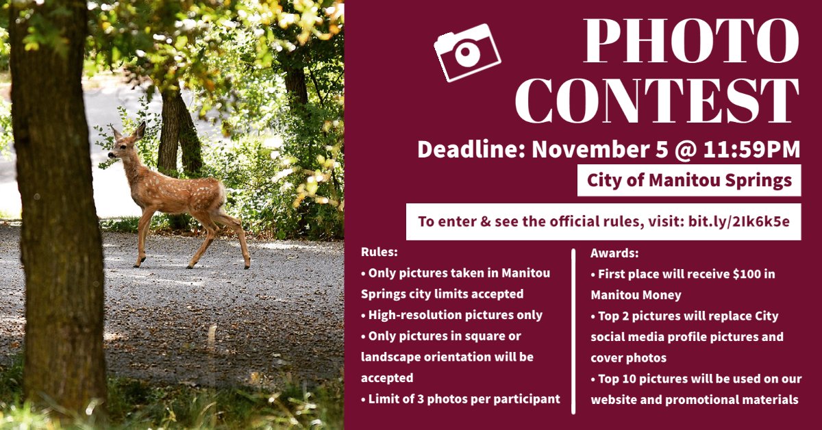 Calling all photographers 📷
In recognition of October being National Arts and Humanities Month, the City of Manitou Springs will be hosting its Annual 2021 Photo Contest! To enter and view all of the official rules, please visit: bit.ly/2Ik6k5e.