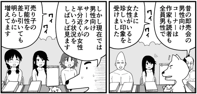 男性向けがメインの即売会に行くと20年前は男子校状態だったのにここ数年はパッと見で男女半々くらいになっている印象 