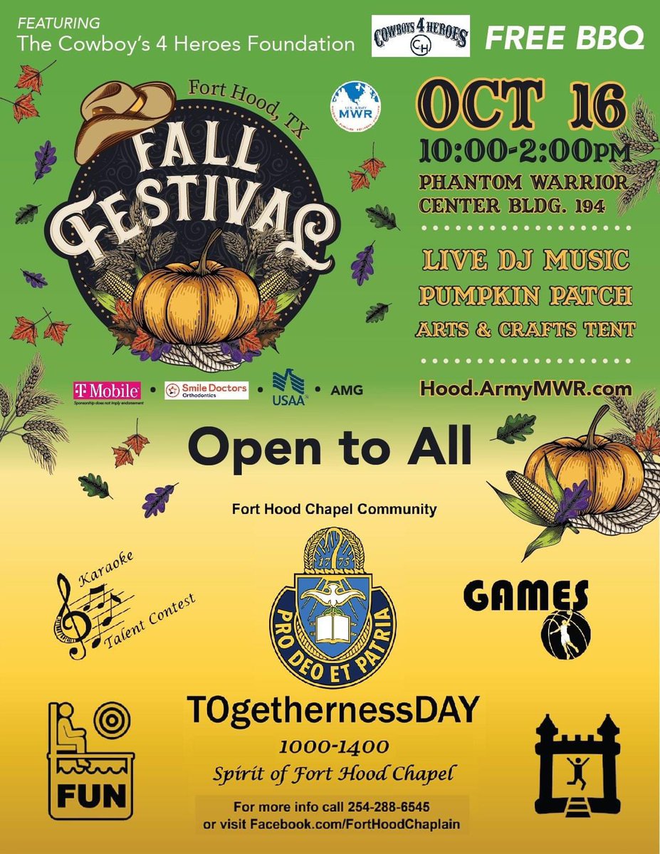 #SaveTheDate This Saturday the Fort Hood MWR is having a Fall Festival, the festival is being hosted by The Cowboy's 4 Heroes Foundation. See flyer for more details! 

#October #FirstTeam #FortHoodMWR
<a href="/1stcav3bct/">GREYWOLF Brigade</a> <a href="/1stCav2bct/">Black Jack Brigade</a> <a href="/1BCT1CD/">IRONHORSE Brigade</a> <a href="/1cdDivarty/">1st Cavalry Division Artillery</a> <a href="/1stTeamBand/">1st Team Band</a> <a href="/1stCavACB/">ACB Warriors</a>