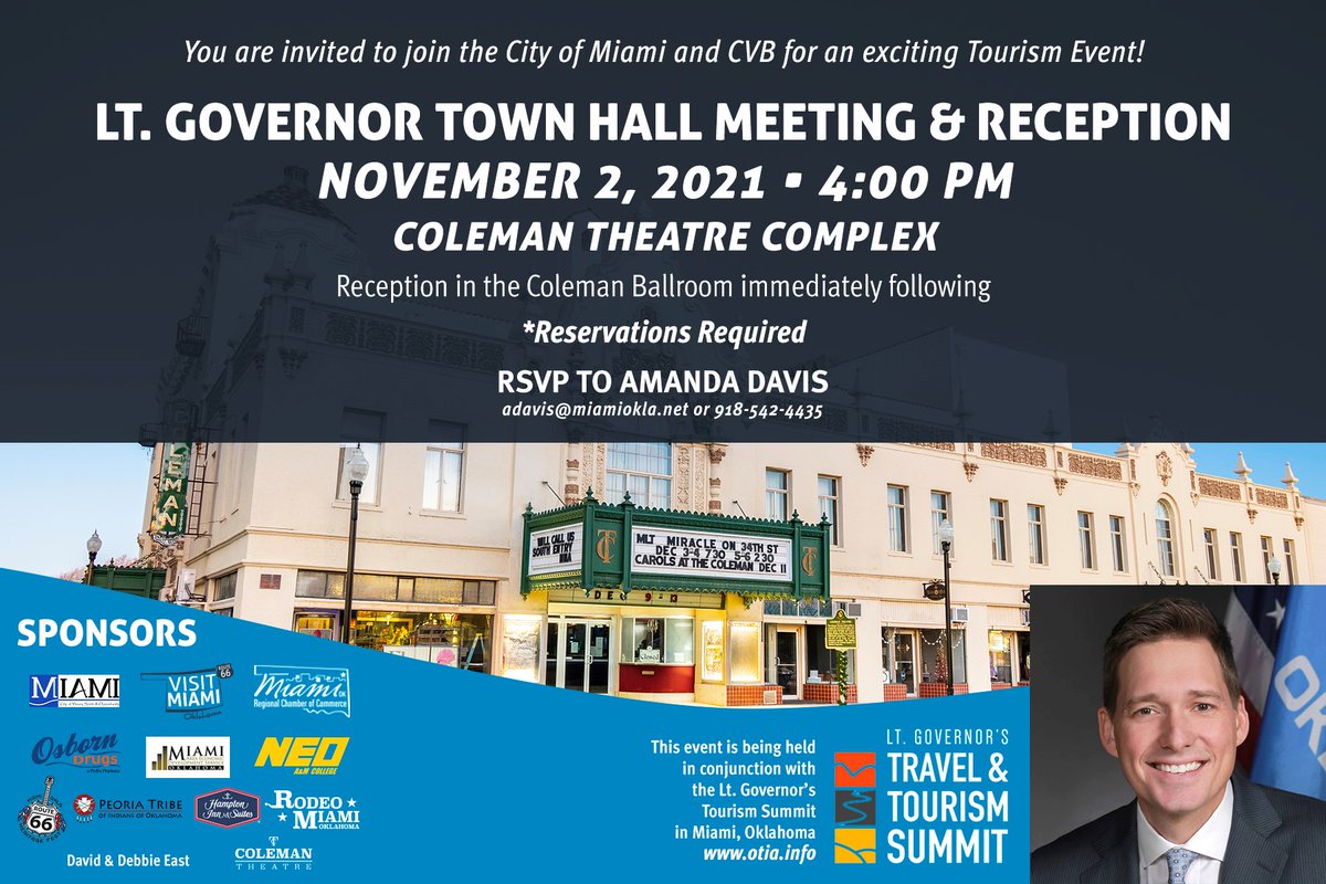 visitmiamiok's tweet photo. Exciting event coming to #MiamiOK!  We welcome @LtGovPinnell and @billgeist for a don't miss tourism event!  Find more details:  https://t.co/XHB8KAZIIw
Nov 2nd at the amazing Coleman Theatre Beautiful on #route66.  @miamiokla @MiamiOKSports @MiamiNewspaper @OTIAtravel @TravelOK https://t.co/POZmR9fQEL