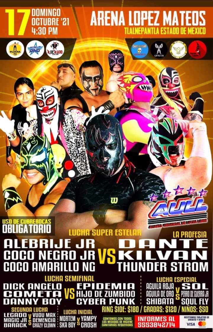 LaTijeraLucha's tweet photo. Domingo 1️⃣7️⃣ de octubre #ArenaLopezMateos abre sus puertas para una tarde de lucha libre al estilo #AULL:
🔥 Herederos contra Profecía #AlebrijeJr, #CocoNegroJr y #CocoAmarilloNG 🆚️ #Dante, #Kilvan y #ThunderStorm
🎟🎟 en taquilla de la arena o a 5️⃣5️⃣5️⃣3️⃣8️⃣4️⃣2️⃣7️⃣1️⃣4️⃣
#latijera https://t.co/6AlhouD0sg