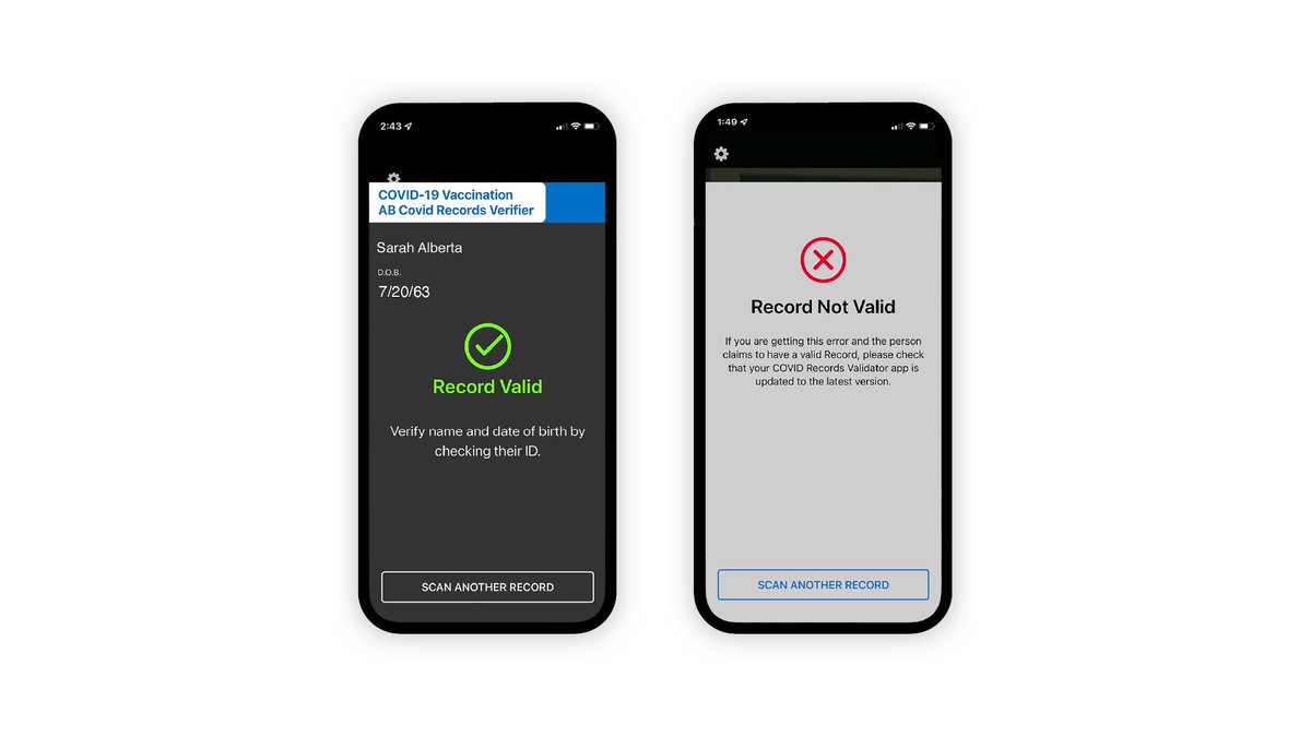 YourAlberta's tweet photo. Some #COVID19AB vaccination records are being scanned improperly by the iOS version of the AB Covid Records Verifier app, causing an error message. The app will update soon with this issue resolved. Albertans can continue to use other paper and electronic records until Nov 15. https://t.co/j1XLSaUyzN