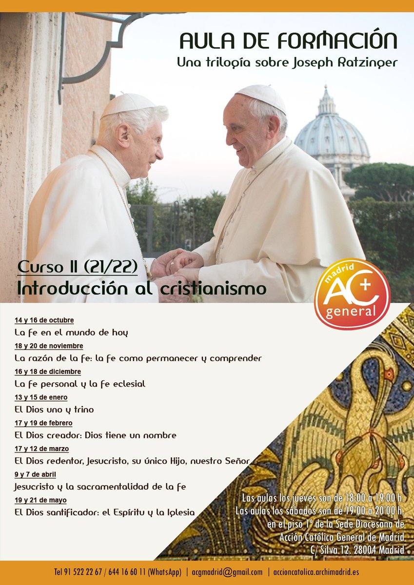 AccionCatolicaM's tweet photo. AULA DE FORMACIÓN DE ADULTOS Y JÓVENES

14 y 16  de OCTUBRE
La fe en el mundo de hoy

Profesor: D. Diego Figueroa (Consiliario Diocesano de ACGM).
Horarios: Jueves de 18:00 a 19:00 h. o sábado  de 19:00 a 20:00 h.
Lugar: Piso 1º de la Sede Diocesana de ACGM C/ Silva 12. Madrid. https://t.co/ulayl4lUw9