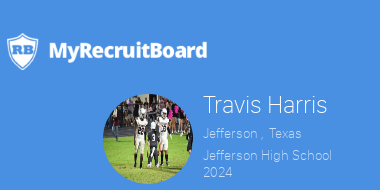 <a href="/JSUFootball/">JSU Recruiting</a>
2024 Travis  Harris
<a href="/harristravisjr/">Travis “keith” Harris Jr™️</a>
Jefferson , Texas
Jefferson High School 
6'3", 230, 4.6
RB DE  
 myrecruitboard.com/#/athlete/4b25…