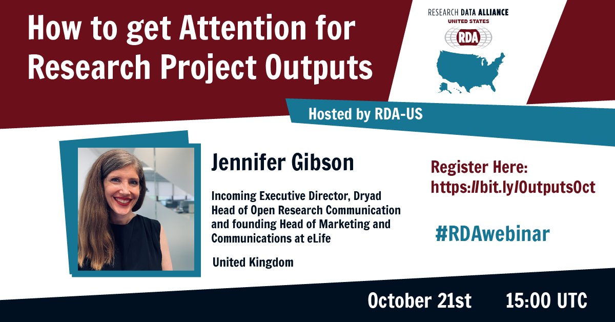 resdatall's tweet photo. If you work on research projects you will not want to miss this months @RDA_US hosted webinar “How to Get Attention for Research Project Outputs,” presented by Jennifer Gibson @jmclenna 
21 Oct 2021 15:00 UTC https://t.co/56TYVCzpR9 https://t.co/hfIR7tOJAv