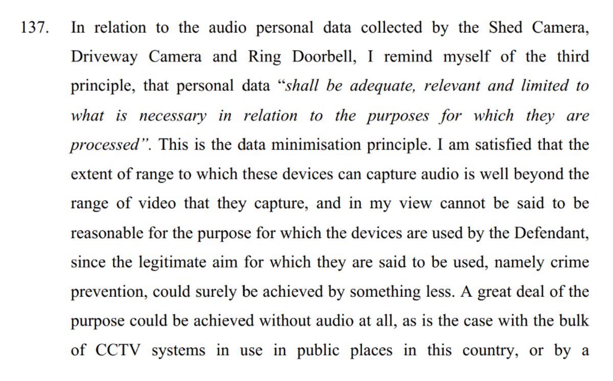 EinsteinsAttic's tweet image. The crucial bit of the judgement (for me) is the ruling that the #audio functions of the @ring camera breached the #DataMinimisation principle - with more than a nod to the application of the principle to #CCTV systems *in general*...