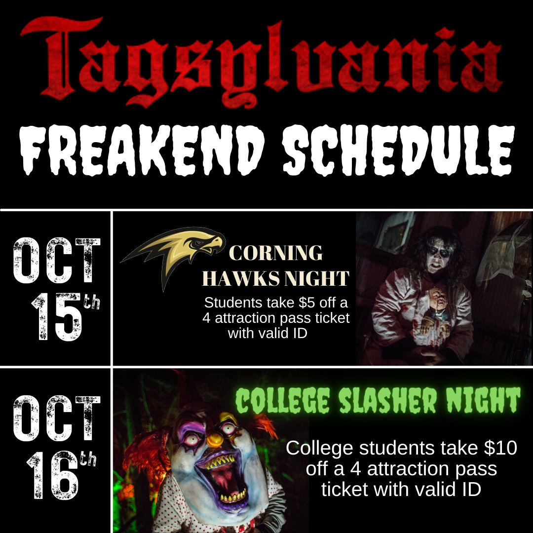 Tagsylvania's tweet photo. This weekend's events going on at Tagsylvania ☠️ We are open this Friday and Saturday from 7 - 11 pm.
#tagsylvania #hauntedhouses #hauntedattractions https://t.co/gHu0slE2Wh