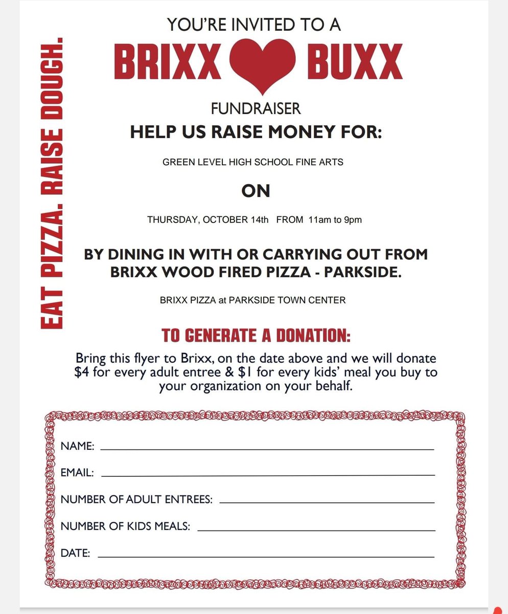 MOckertNC's tweet photo. Don’t cook tomorrow (10/14)! Instead come to @BrixxParkside and support @GreenLevelHigh Fine Arts programs! Thank you for your support!!  @fine_level @glevelchorus @G_L_DANCE #glhstheatre https://t.co/GtGHNkCrCA