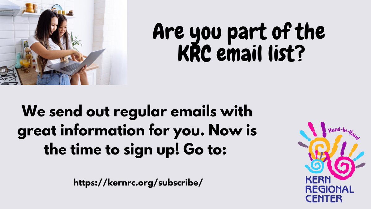 KernRCtweets's tweet photo. Are you part of the KRC email list?  Now is the time to sign up!

https://t.co/DKecYR2p6U

#KernRegionalCenter #KernCounty #InyoCounty #MonoCounty #Email #Newsletter https://t.co/AOlYgYogPA