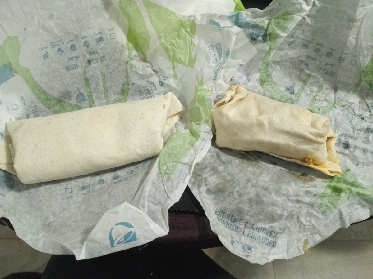 KendrichY's tweet photo. Hey @tacobell do you have many clue why two of the same burrito came out so differently..? https://t.co/KFIpG2NDFH