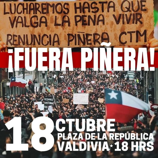 AsambleaComunal's tweet photo. Ante un nuevo aniversario de la Revuelta Popular de Octubre la lucha continua. Por eso convocamos a una nueva jornada de protesta popular este próximo lunes 18 de octubre a las 18 hrs. en la Plaza de la República de #Valdiviacl. El pueblo nada ha ganado.
#FueraPiñera https://t.co/D4aAZ62UDy