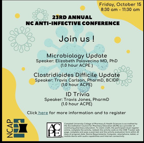 Melissa Johnson (@idpharmacist) on Twitter photo Excited for our 23rd Annual NC Anti-infective Conference (Virtual) Friday Oct 15! Registration is still open if you’d like to join us for ID Updates & lots of trivia fun w/ <a href="/tmjones6/">Travis Jones</a> @TravicayPharmD & Dr. Palavecino. ncap.memberclicks.net/anti-infective… w/ <a href="/FrensPharm/">Jeremy Frens</a> <a href="/TurnerPharmD/">Michelle Turner</a> Excited for our 23rd Annual NC Anti-infective Conference (Virtual) Friday Oct 15! Registration is still open if you’d like to join us for ID Updates & lots of trivia fun w/ <a href="/tmjones6/">Travis Jones</a> @TravicayPharmD & Dr. Palavecino. ncap.memberclicks.net/anti-infective… w/ <a href="/FrensPharm/">Jeremy Frens</a> <a href="/TurnerPharmD/">Michelle Turner</a>