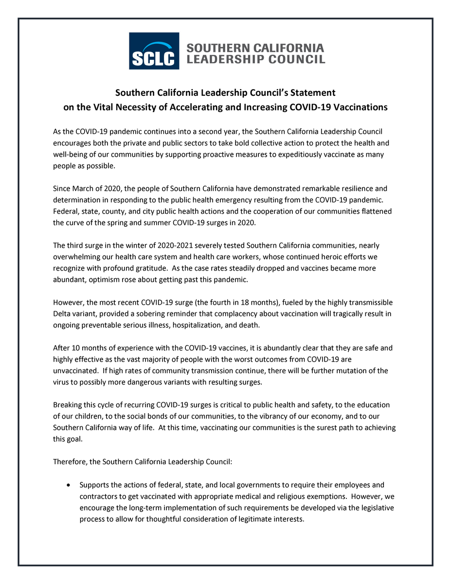 socallc's tweet photo. Southern California Leadership Council’s Statement 
on the Vital Necessity of Accelerating and Increasing COVID-19 Vaccinations https://t.co/wXto7Ka2Jv
