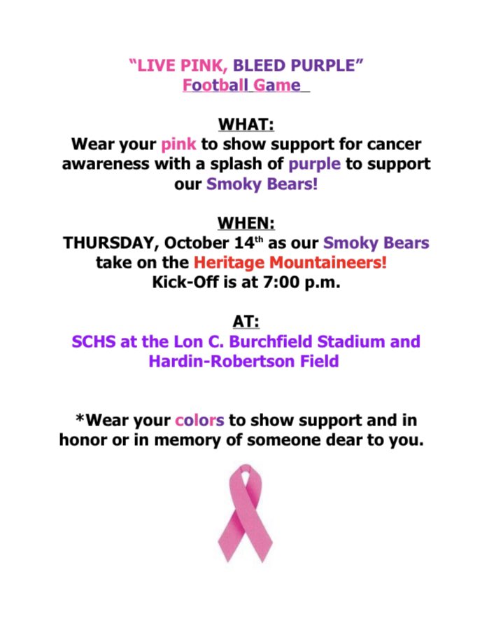 Come show your support for your Smoky Bears and Breast Cancer Awareness!!💜💗🐻