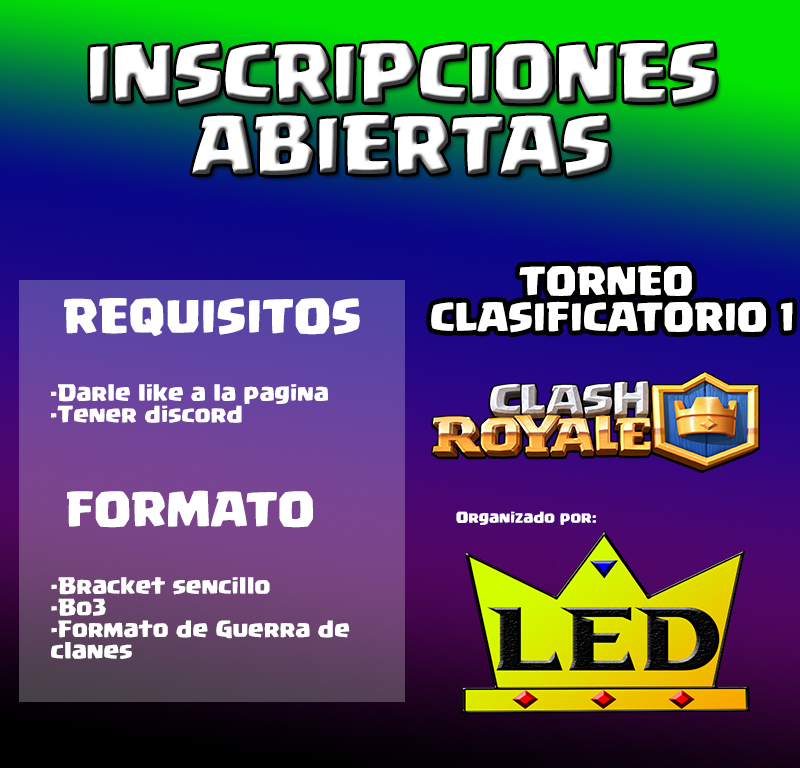 #ClashRoyale INSCRIPCIONES ABIERTAS🏆🏆

Se abre el primer torneo clasificatorio de Clash Royale, los 2 mejores serán parte del torneo final en busca de un premio.🏆🏆

Sigue la pagina de Facebook y participa.
Dudas y mas información en los comentarios o MD.

Se agradece RT.