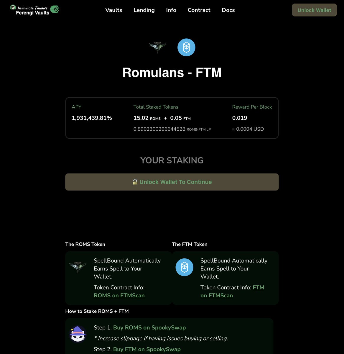 BORGSWAP.Exchange - Ferengi Vaults on #Fantom Update:
* Added $ROMS x $FTM Pair with $EARS Rewards with a 1,931,439.81% APY 🔥

Earn More in the Ferengi Vaults on #Fantom:
ftm-vaults.borgswap.exchange/#/farms/ROMS-F…