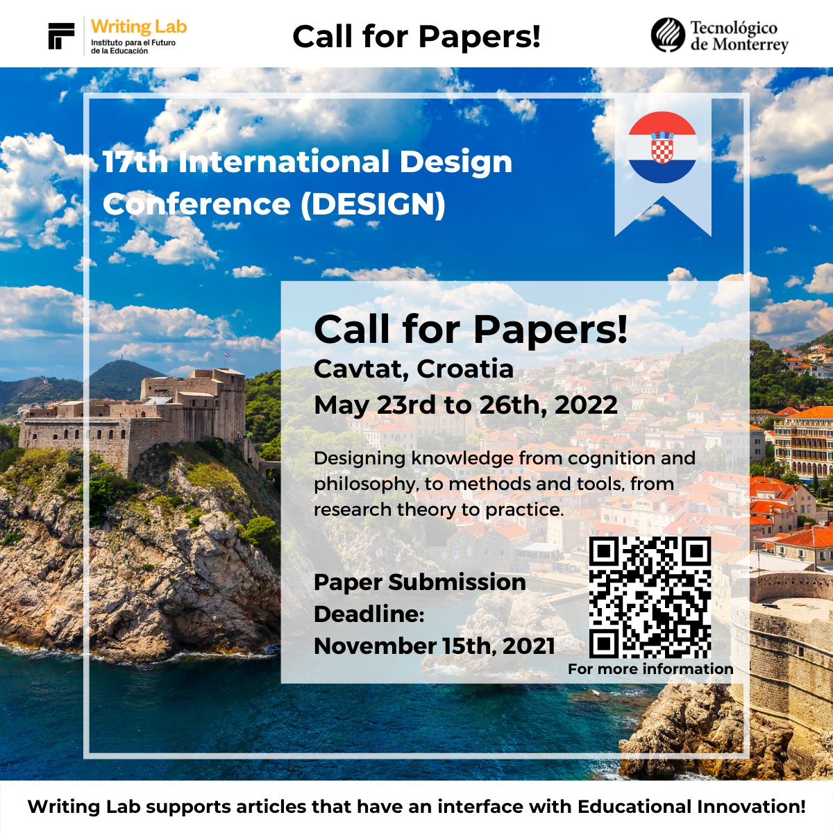TecWriting's tweet photo. Call for #Papers!
Become a Crown Hero with your virtual presentation at the 17th DESIGN!
For financial and technical support contact us at writinglab@itesm.mx
#TecdeMty #TecdeMonterrey #ITESM #CampusMonterrey #SoyTec #WL #WritingLab #WritingLabTec #Innovation #Education https://t.co/plm31B1I2C
