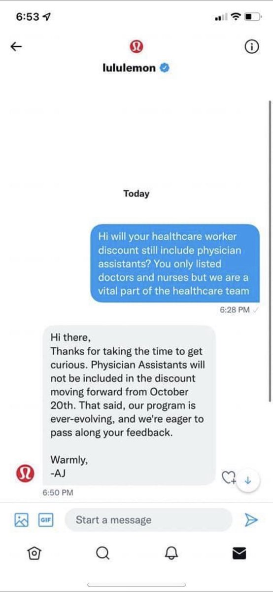 erink7's tweet photo. @lululemon Can’t believe that #physicianassistants won’t be included in the HCW discount moving forward 10/20! As a frontline worker in the ER, that’s insulting. https://t.co/WANabEmIye