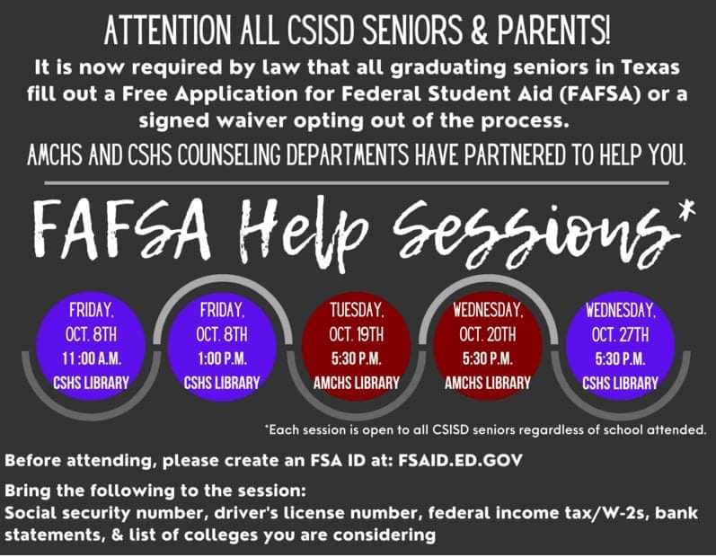 CSISD_AVID's tweet image. Need money for college? FAFSA help is available for CSISD students!  @CSISD_AVID @AMCHSWeb @CSHSAVID @AMCHS_AVID @CSISD @CSHighSchool