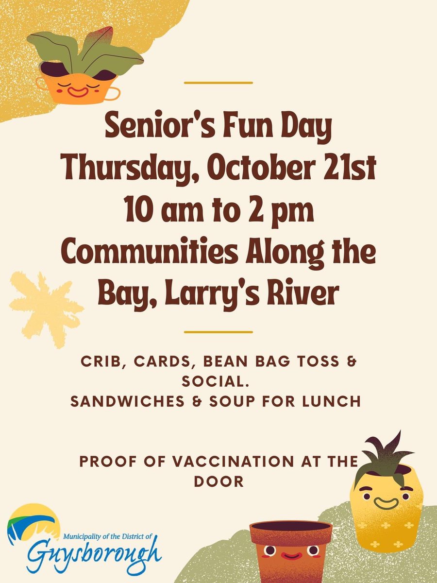 modgrec's tweet photo. Invitations were sent out in the mail today for our #SeniorFunDay in Larry's River. Proof of vaccination will be required at the door. We can't wait to welcome you back! https://t.co/P3MDMCivHw