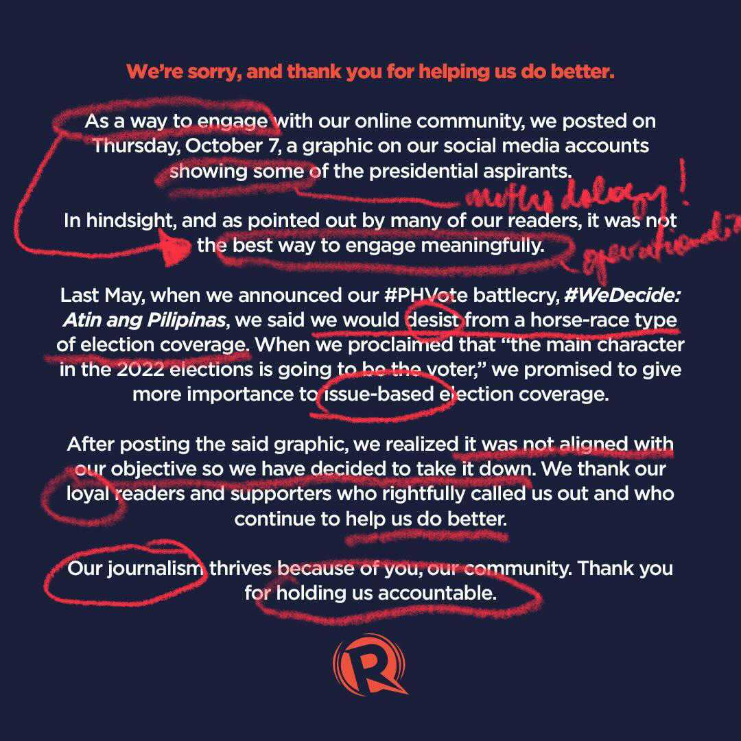 Deconstruct. In crisis management, you have to be simple and direct in a public apology: know the issue, give information and be honest. So why bring down your botched survey? Did you use autolikers to mess with the algorithm of FB? Did you use dummy accounts from a 3rd party?
