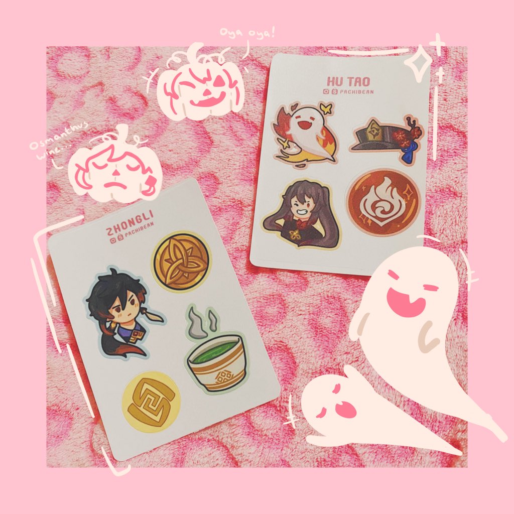 pachibean's tweet photo. Zhongli and Hu Tao greet you in this ooky spooky month~ purchase their sticker sheets at my shopee (link in bio!) #genshinimpact #hutao #zhongli https://t.co/k2HfHfNw0v