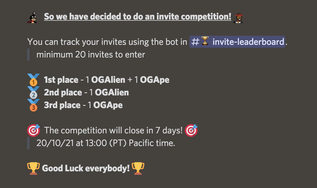 Hello OGFamily. 🛸

There is an invite competition going on in the OGRealm’s Discord now! 

🔱 Join Discord:
discord.com/invite/zpxGtTd…

Spread the word, invite your friends to hang out with us and get an #OGAlien / #OGApe in your hands!

Good luck! 🍀