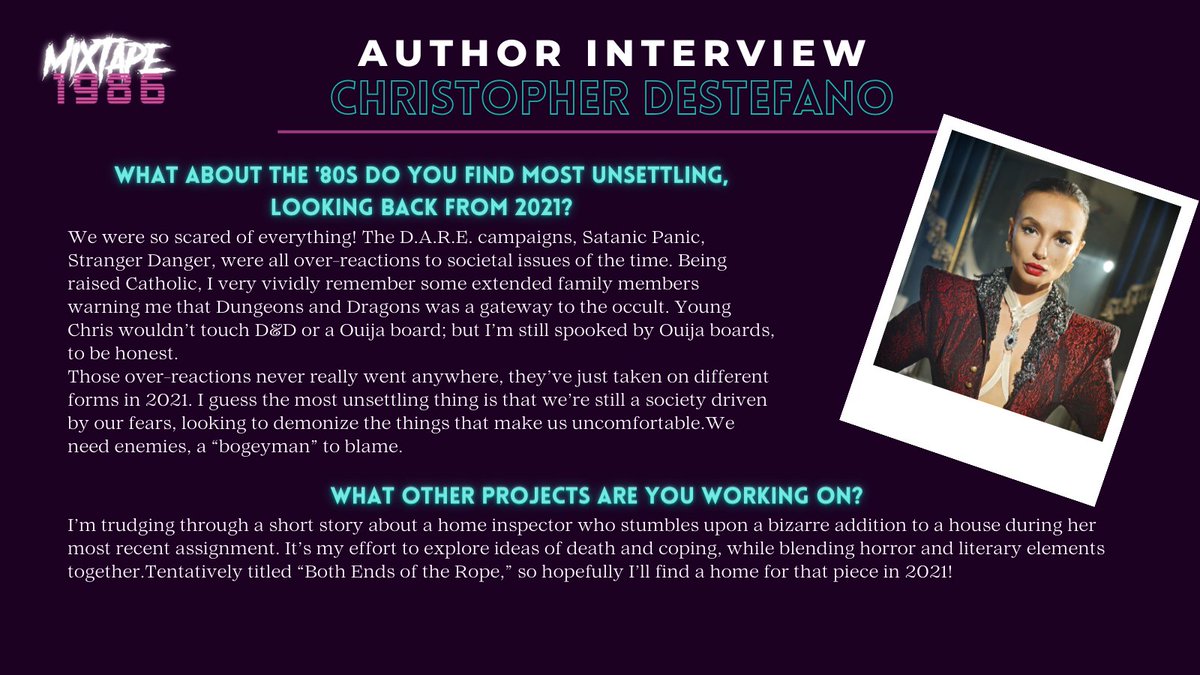 thedreadmachine's tweet photo. In case you missed it, here's our interview with Mixtape: 1986 author @chrisdestefano!

Support Chris and our other authors by backing our project on Kickstarter: https://t.co/REKDNyGv8G! Only one week left!

#writingcommunity #author #authors #reading #crowdfunding #nearlythere https://t.co/fMgbFZXJoW