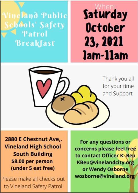 Come out and support the Vineland Public School's Safety Patrol Breakfast on Saturday, October 23rd.  Tickets are only $8.00 for a hot meal, kids under 5yrs eat for FREE!! Tickets can be purchased from any Mennies’ Safety Patrol member or Ms. Kreck. #menniesmarvelousfriends