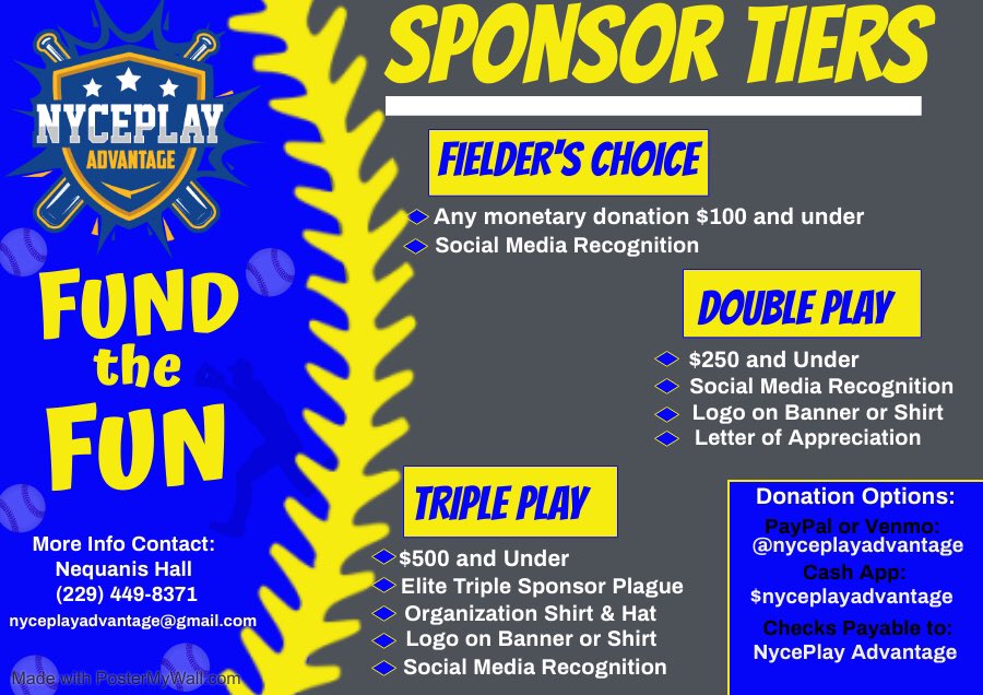 nyceplayadv's tweet image. Let’s FUND the FUN! NycePlay Advantage is accepting donations and sponsors. Our goal is to raise money to apply for our 501c, purchase training equipment and provide other fun upcoming activities for our program. 🔵🟡 #FUNDtheFUN #LIKE #SHARE