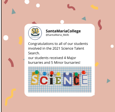 SantaMaria_Melb's tweet photo. 2/2 . . . Our students received 4 Major bursaries and 5 Minor bursaries! This is an amazing achievement and we are so impressed with the results! #ACommunityOfCourage #DareToDoAsMuchAsYouAreAbleSantaNorthcote https://t.co/vHptl2I2Bn