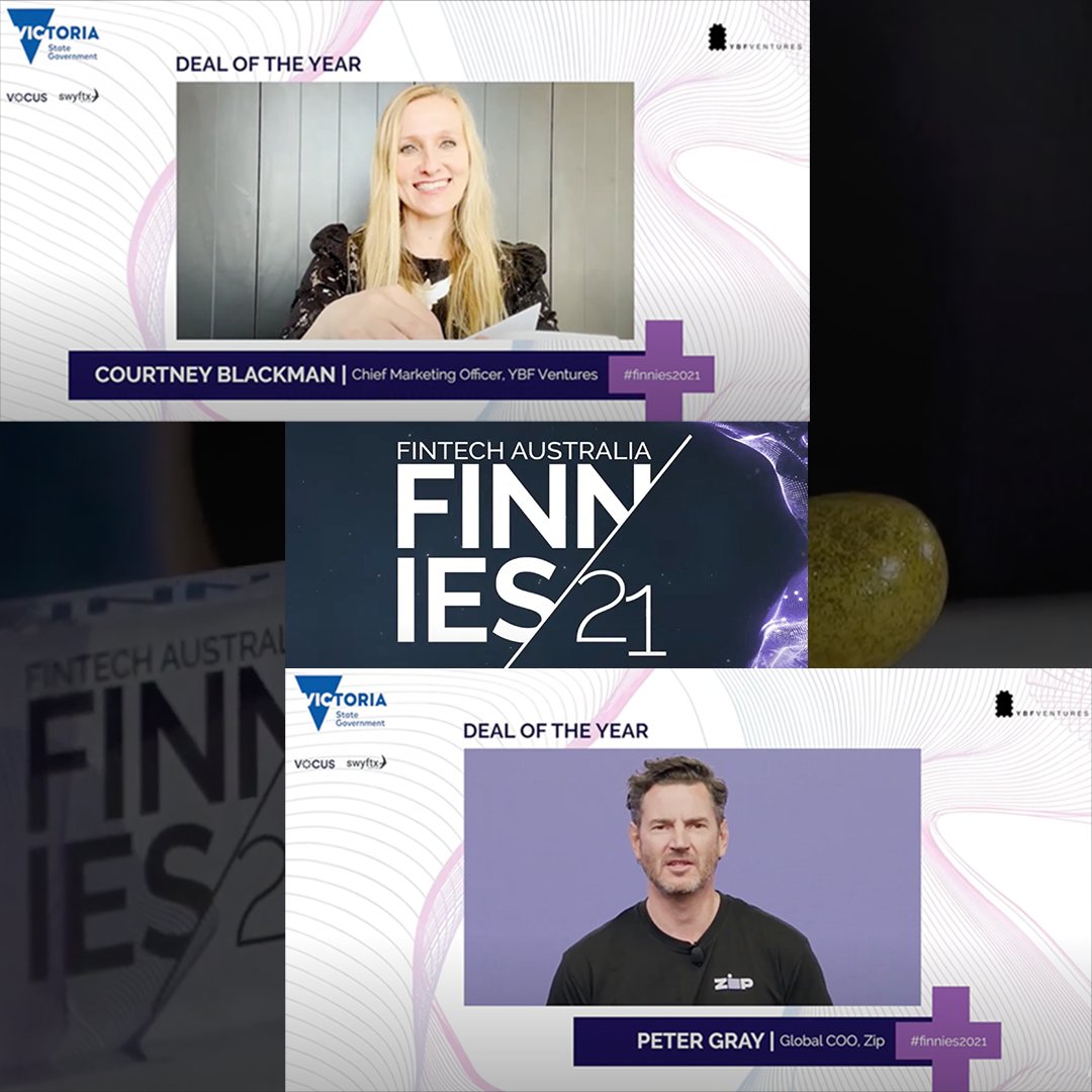 And the award goes to… Quadpay and <a href="/Zip_AU/">Zip AU</a>!

Here's YBF Ventures CMO, <a href="/courtnyblackman/">Courtney Blackman</a> presenting the Deal of the Year award and Zip's COO, Peter Gray accepting the win at last night's #Finnies2021.

Catch the full <a href="/ausfintech/">FinTech Australia</a> ceremony here:
youtube.com/watch?v=5ip8jH…