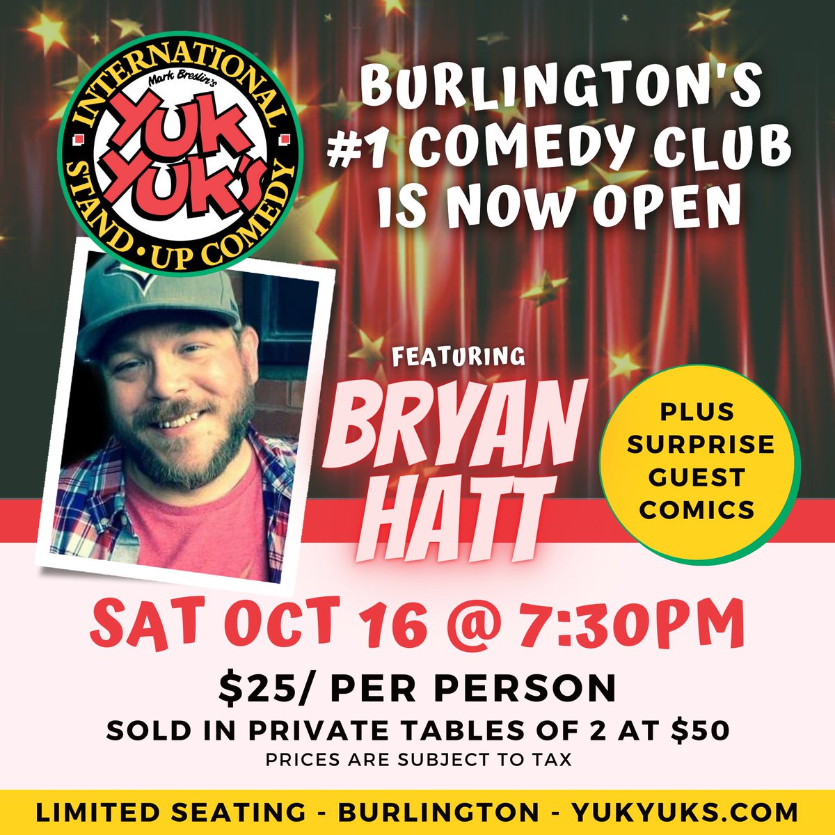 YuksBurlington's tweet photo. Bryan Hatt has opened for legends like Gilbert Godfried, Harland Williams, Big Jay Oakerson. He's headlining the Burlington stage THIS WEEKEND. Shows sell out each weekend. Buy tickets now: https://t.co/yutRv0EyqW.

Proof of Vaccination Mandate in Effect. #Burlington #Hamilton https://t.co/0C465x05qV