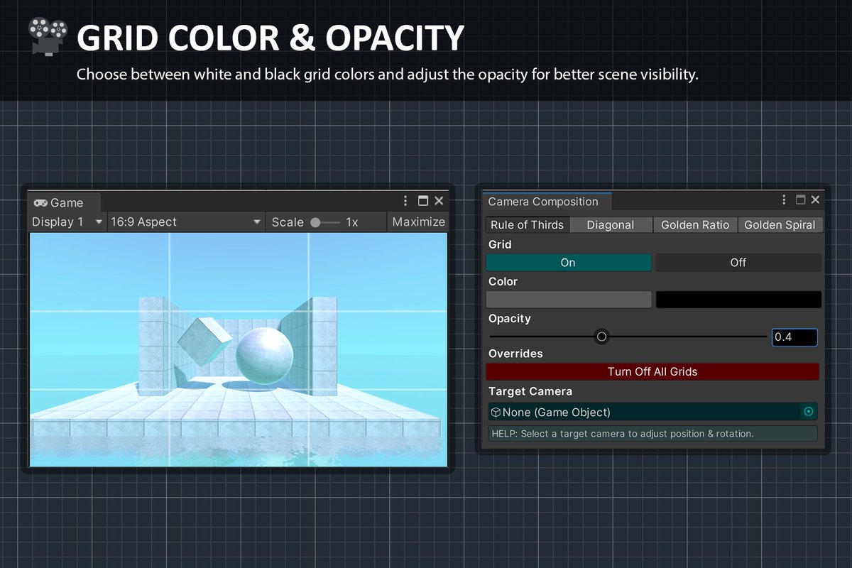 j_cassady_'s tweet photo. Choose between white &amp; black grid overlays. Now with adjustable opacity! #CameraComposition

#accessibility #gamedevtools #madewithunity #gamedev https://t.co/REzLHuDw5i