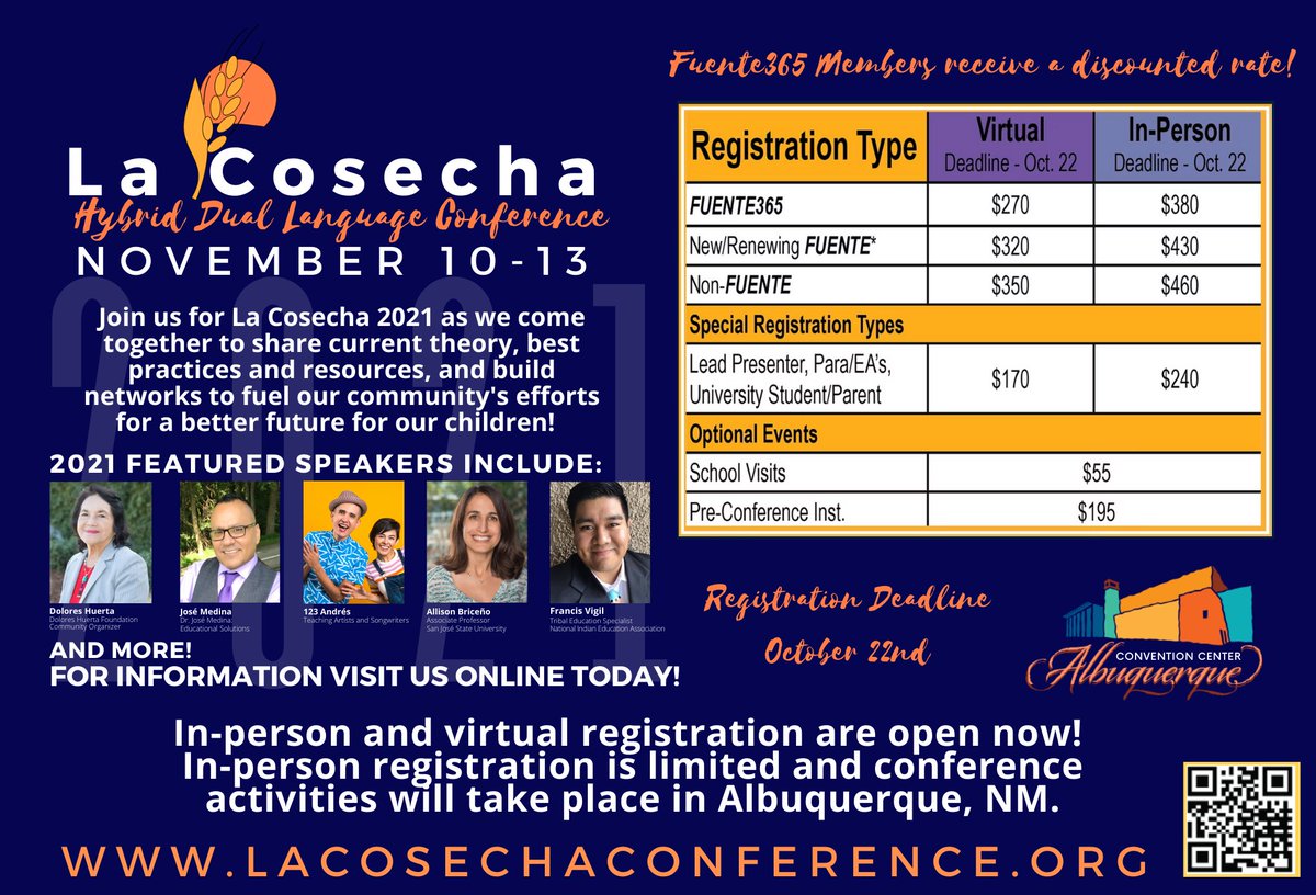 Don't miss your opportunity to join us for the leading dual language conference #LaCosecha2021! Register today and join us as we celebrate the best of our multilingual and multicultural communities! Registration deadline is October 22nd – lacoechaconference.org 
#duallanguage
