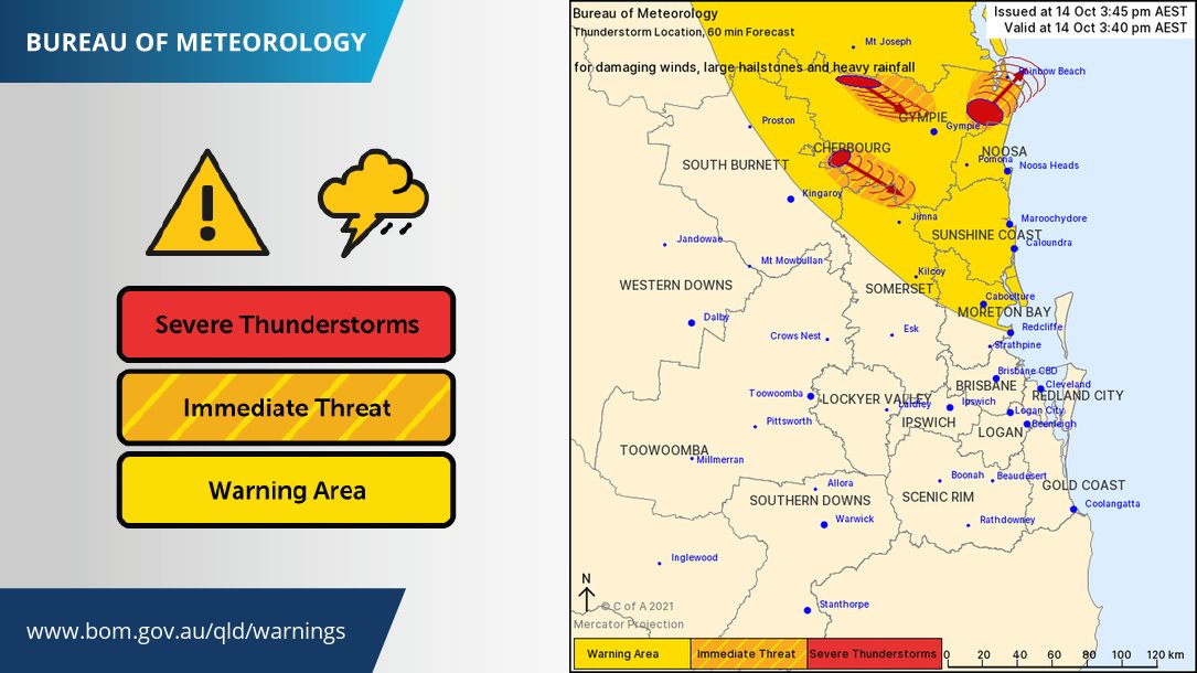 BOM_Qld's tweet photo. β οΈβοΈ Severe thunderstorm #warning for heavy rainfall, damaging winds and large hail updated as severe thunderstorms continue to develop around the Wide Bay and Burnett. #Gympie, #RainbowBeach and #InskipPoint areas at risk. Details and updates: https://t.co/CinugnxqkN https://t.co/NjPdJdYkga