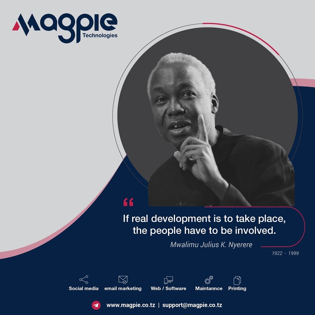 Magpie_Tz's tweet photo. If real development is to take place, the people have to be involved.
Mwalimu Julius K. Nyerere, 1922 ~ 1999.

#nyerere #nyerereday #branding #brandinginspiration #designer #daressalaambranding https://t.co/luvHlIZWZB