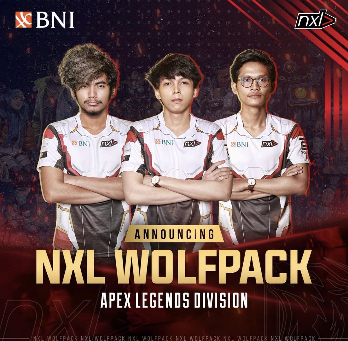 wpackapex's tweet photo. Proudly announced now Wolfpack team been aquisition by @nxlesportsteam and sponsored by @BNI lets go boys!! #ggwpack #saatnyanextlevel https://t.co/cgTFEjuZE8