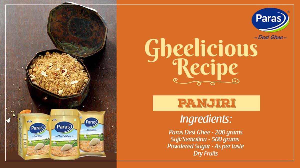 parasdairy1960's tweet photo. • Heat 2-3 tbsp ghee in a pan & add suji.
• Now keep stirring & cook it on a low flame until you see the slight change in a colour and aroma arises.
• Add powdered sugar as per your taste and mix it well with dry fruits to enhance the taste.
#Paras #Parasdesighee #Gheeisgood https://t.co/tKN4HoffwD