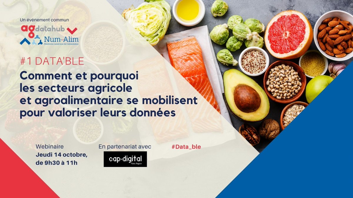 C'est le Jour J ! RDV dès 9h20 pour la 1ère édition du Webinaire BtoB #Data_ble organisé par <a href="/agdatahub_FR/">Agdatahub France</a> et <a href="/Num_Alim/">NumAlim</a> 
 >cutt.ly/DW0myd6  en partenariat avec <a href="/Cap_Digital/">Cap Digital</a>

#data #food #agricole #alimentaire #innovation #données
