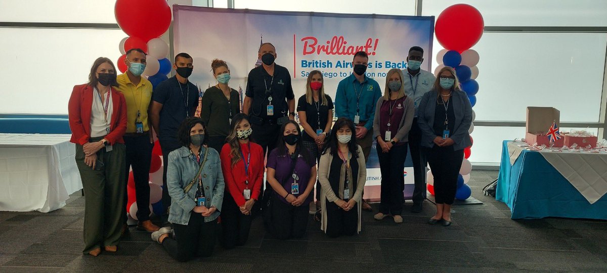 SanDiegoAirport's tweet photo. The nonstop British Airways flight between SAN and LHR is officially back! We were joined on the tarmac today by the British consulate to welcome the inaugural flight after a long COVID pause. 

🇬🇧 ✈️ ☕️ https://t.co/OYDCI8lGFT