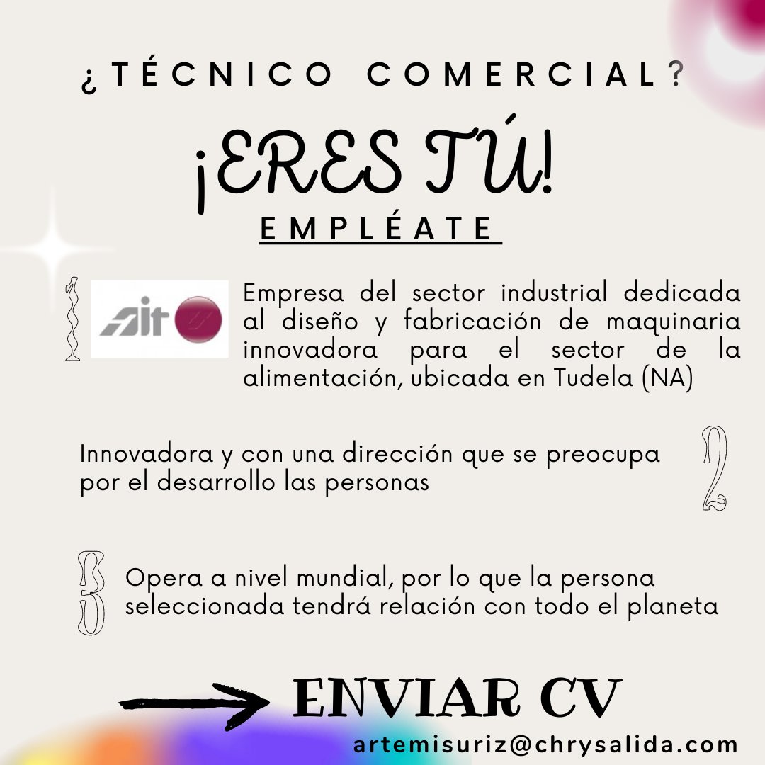chrysalida_av's tweet photo. [EMPLÉATE] ¿Estas buscando un puesto de Comercial?
Súmate al reto de nuestro cliente AIT, empresa dedicada al diseño y fabricación de maquinaria innovadora para el sector de la alimentación, ubicada en Tudela.
¡Vamos! Te está esperando.
#empleo #navarra https://t.co/XabsICqSf9