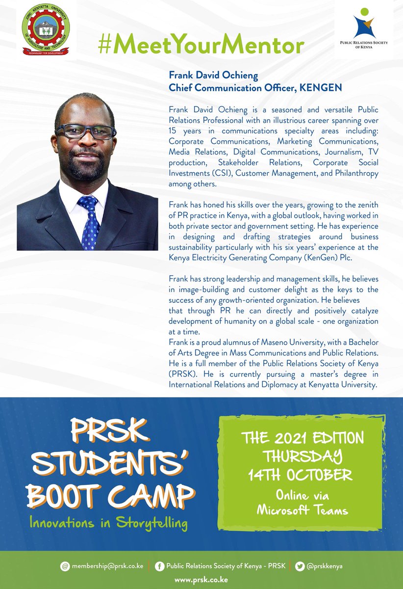 chrisOsundwa's tweet photo. We are ready to listen @FrankDavidPR
At this year's virtual #PRSKBootcamp2021
From @multimedia_uni
Under the great club @mmu3C 
@prskkenya https://t.co/DjBWwAc2l1