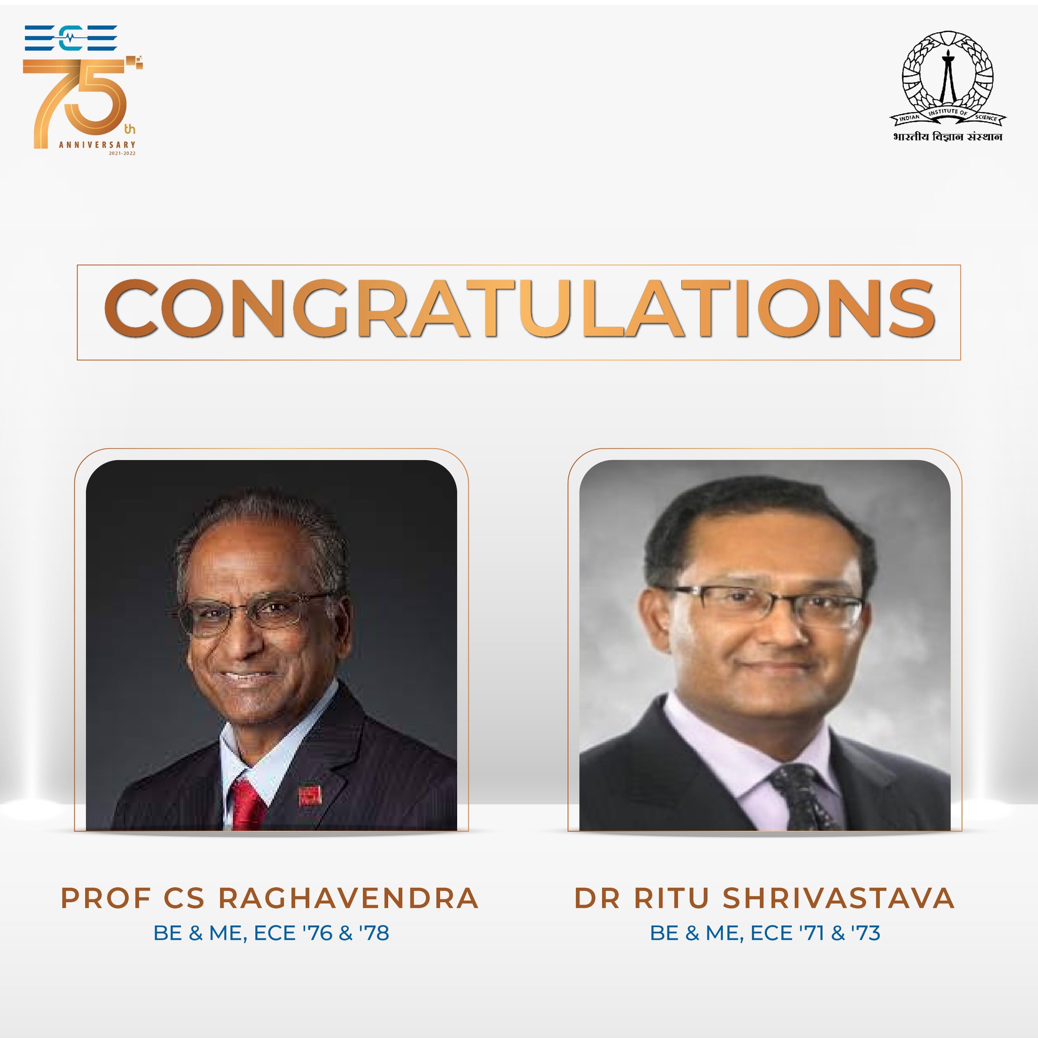 Chair ECE IISc on Twitter: "Proud to announce that two ECE alumni among  five selected for IISc Distinguished Alumnus/Alumna Award 2021.  Congratulations to Prof CS Raghavendra and Dr. Ritu Shrivastava. The annual