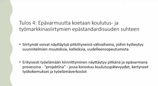 #ohjaamopäivät2021 tutkimuspajassa Milla Kuisma. Koulutus- ja työmarkkinainstituutioiden erillisyys on rakenne, joka saa aikaan epävarmuutta ja luo tarpeita tukipalveluille. #Ohjaamot #TE2024 #systeeminenmuutos