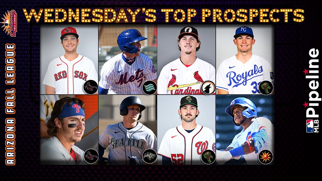 MLBPipeline's tweet photo. Wednesday's Arizona Fall League top prospect performers:
#RedSox Casas
#Mets' Baty
#STLCards' Gorman
#Royals' Lacy
#Phillies' Stott
#Mariners' DeLoach
#Nationals' Henry
#Cubs' Velazquez

More: https://t.co/4marfyeDWc https://t.co/dK6W1qEdX0