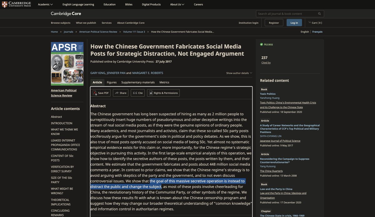Selon cette étude, la désinformation en Chine ne consiste pas vraiment à propager des #FakeNews.

Elle semble surtout chercher à taire toute critique du Parti, en déviant les sujets de discussion, et ainsi transformer toute critique en une #MuteNews. 
cambridge.org/core/journals/…