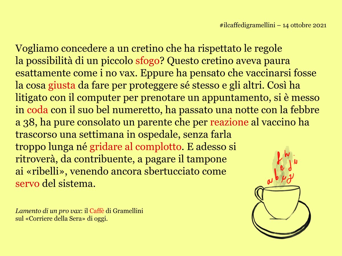 «Lamento di un pro vax»: #ilcaffedigramellini sul <a href="/Corriere/">Corriere della Sera</a> di #giovedì #14ottobre.

corriere.it/caffe-gramelli…