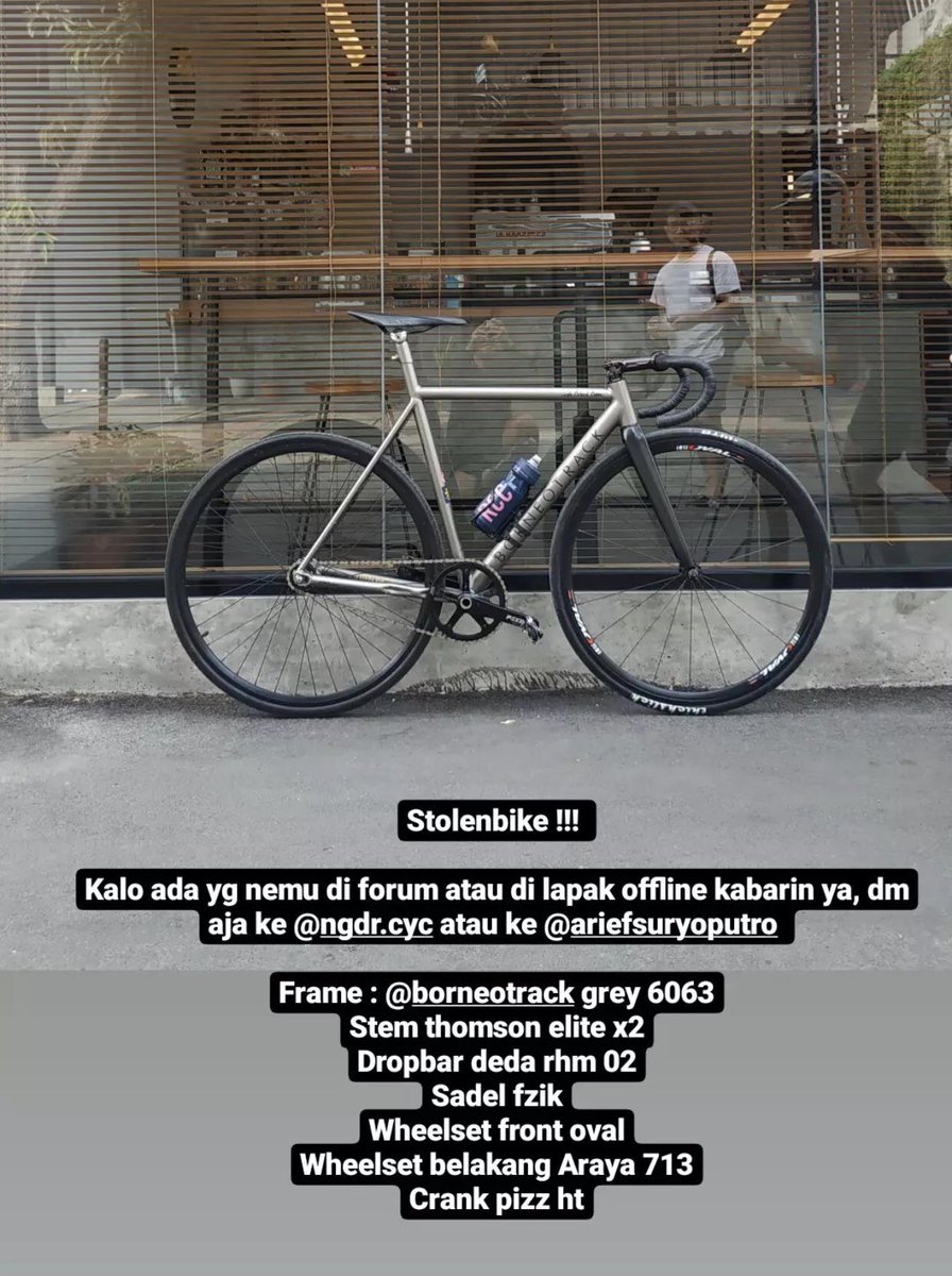 EGGBAL's tweet photo. STOLEN BIKE

Barangkali nemu sepeda ini atau printilannya di #fnfjb atau di manapun tolong hubungi saya atau ig (at)ngdr.cyc ya mas-mas sekalian, hilang pagi tadi dicuri dari kopishop di cirebon, terimakasih 🙏 https://t.co/9p4W2N9iLB